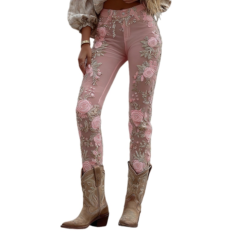 Retro Floral Print Jeans High Waist Slim Imitation Jeans Elegant Casual Trousers